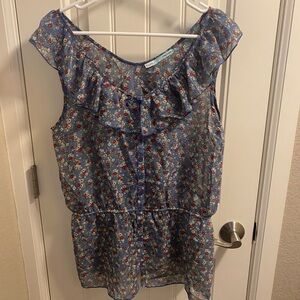 Maurices XL Top Sheer Floral Blouse Button Front Ruffle Shirt